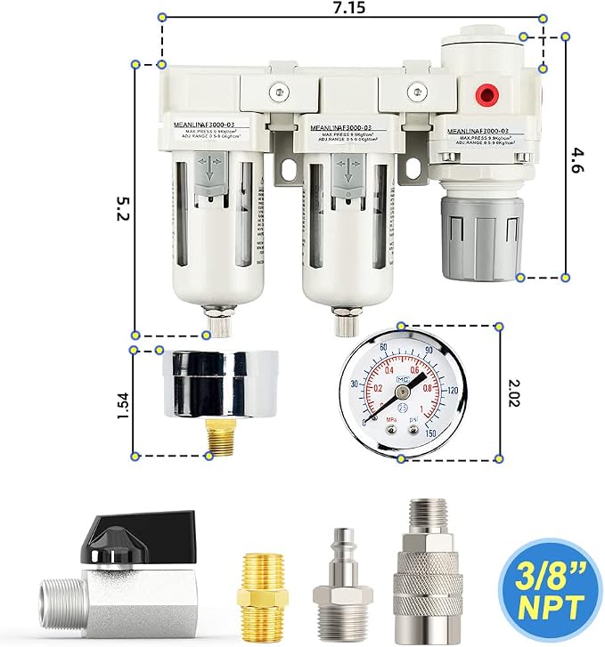 MEANLIN 3/8" NPT 3 in 1 Air Drying System Particulate Air Filter, Air Pressure - Image 2