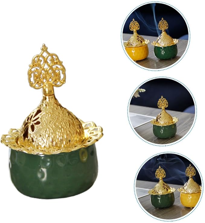 European Style Small Green Ceramic Incense Burner Metal Censer - Image 5