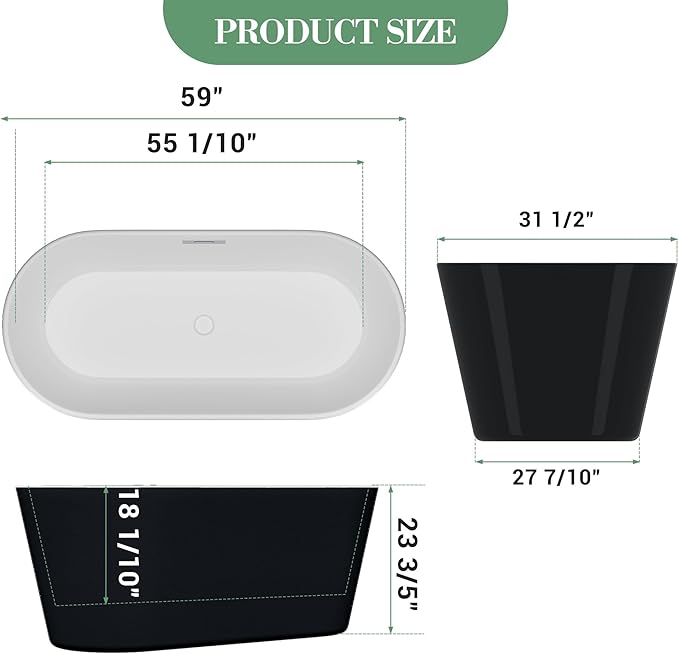 59" Deep Soaking Bathtub, Non-Slip Acrylic Tub with Chrome Drain, CUPC Certified, Ergonomic Modern Bath for Bathrooms, Easy-Install, Black Symmetrical