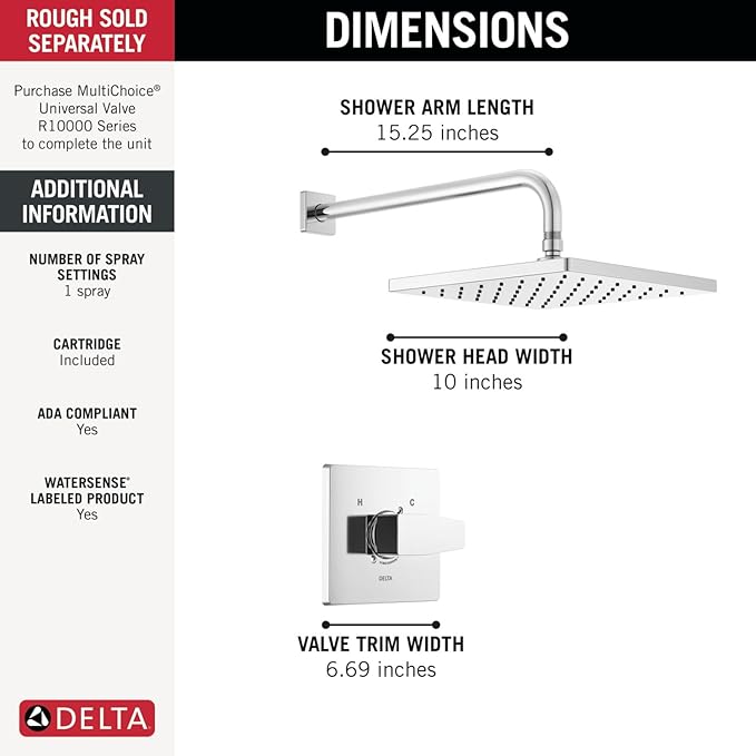 Delta Modern 14 Series Square Rain Shower Faucet Set, Brushed Nickel Shower Head and Handle Set, Valve Trim Kit, Spotshield Stainless T14268-SP-PP (Valve Not Included)