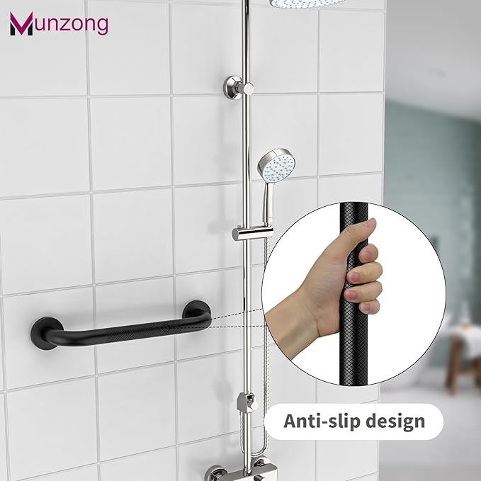 16 Inch Anti Slip Shower Grab Bar, Munzong Oil Rubbed Black Bathroom Grab Bar for Bathtubs and Showers, Knurled Handicap Balance Bar,Safety Hand Rail Support Elderly Senior Assist Bath Handle