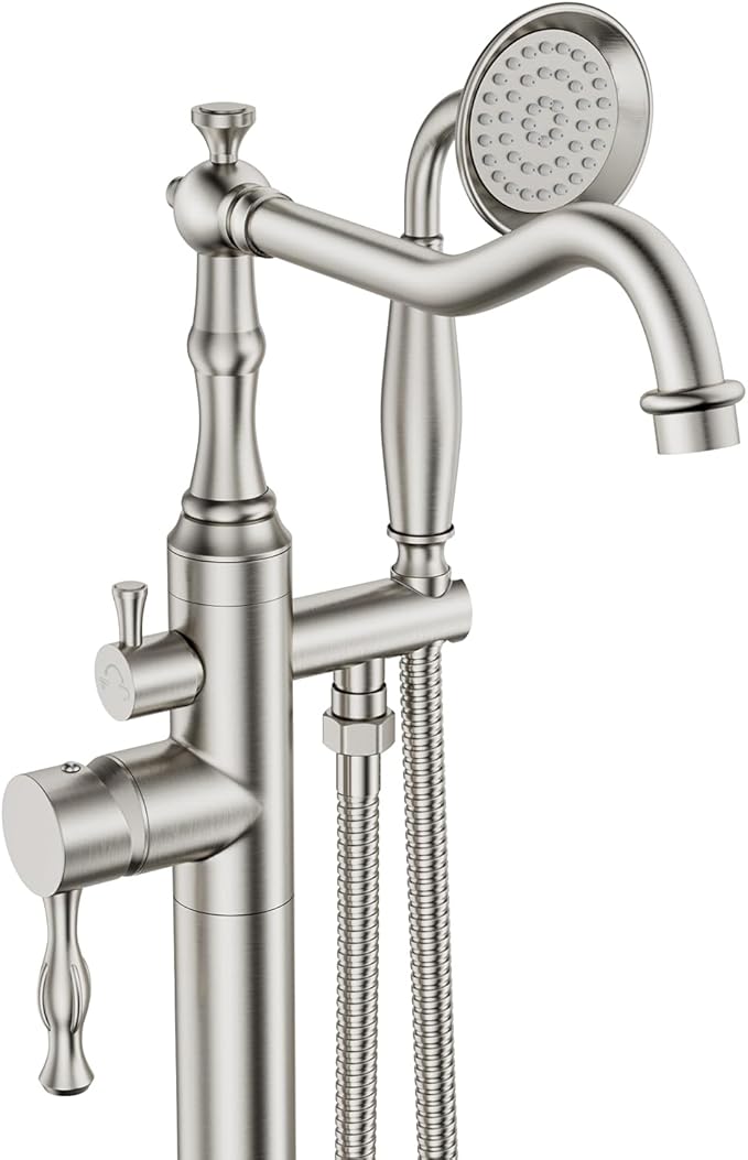 Brushed Nickel Bathtub Faucet Freestanding Tub Filler High Pressure Single Handle Bathtub Filler Floor Mounted Brass Bathroom Tub Faucets with Handheld Shower