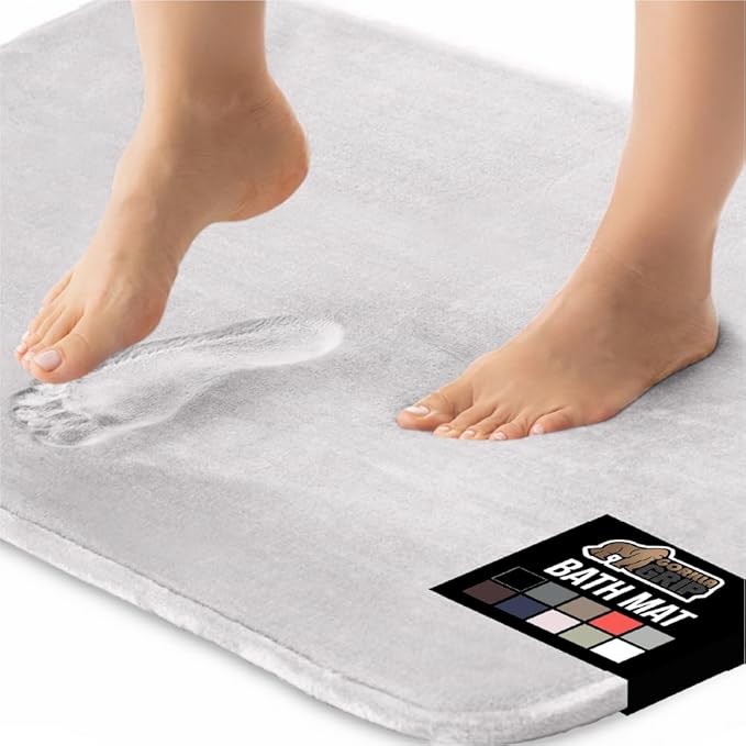GORILLA GRIP Memory Foam Bath Rugs, Soft Absorbent Velvet Bathroom Mats, Durable Dots on Underside, Machine Washable Bathmat, Carpet Rug Room Decor for Shower Floor, 24x17 Mat, Light Gray