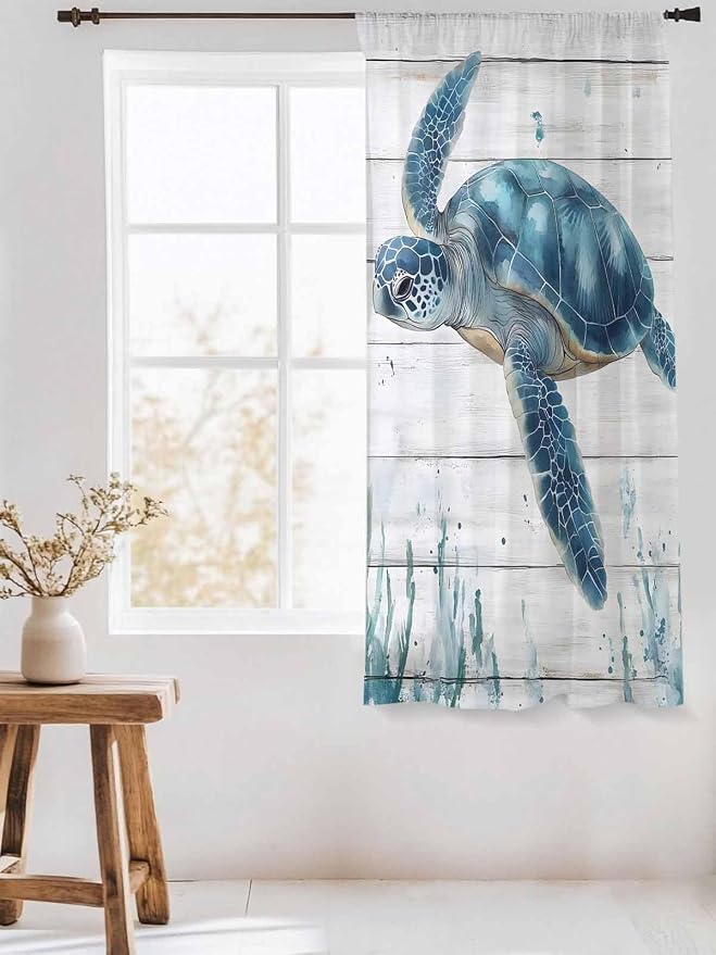 Sheer Curtains 72 Inches Long, Teal Green Ocean Turtle Semi Sheer Curtains - Image 3