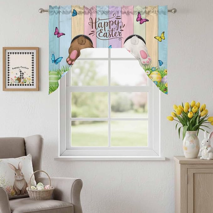 Swag Valance Curtains, Happy Easter Rabbit Butt Egg on Daisy Leaf Rod Pocket - Image 2