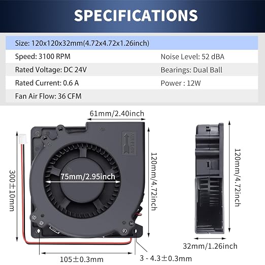 Wathai 120mm x 32mm 24V Centrifugal Small Blower Fan 24 Volt Brushless Cooling - Image 2