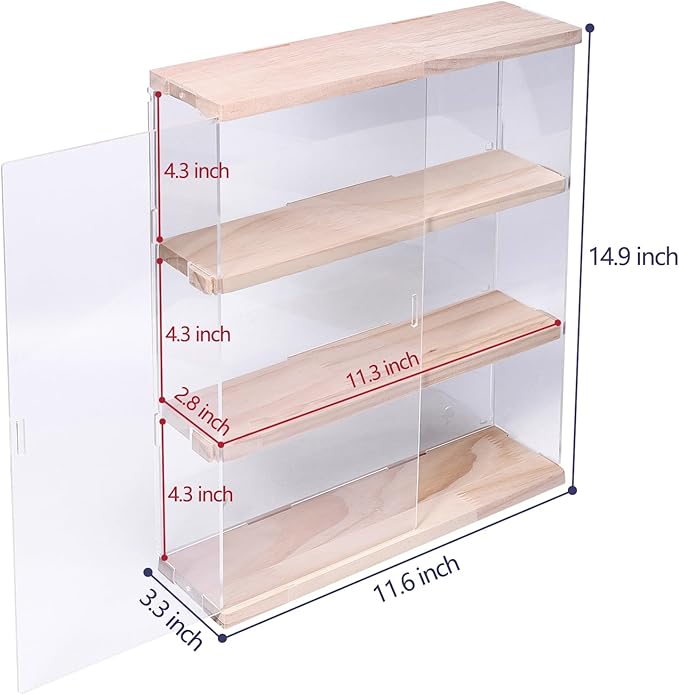 Choowin 3 Layer Wall Shelf Clear Acrylic Display Case for Collectibles, Mini Figures, Pop Mart, Labubu, Sonny Angel, Smiski - Assemble Dustproof Acrylic Display Box with Sliding Door (Wood)