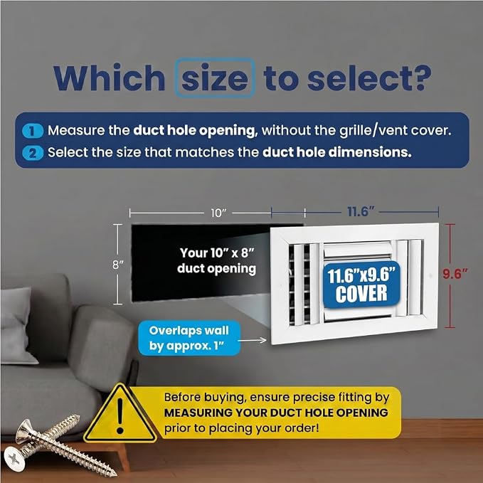 10x8 Aluminum 4-Way Air Vent Cover Wall Ceiling Register – Quiet HVAC Wall - Image 2