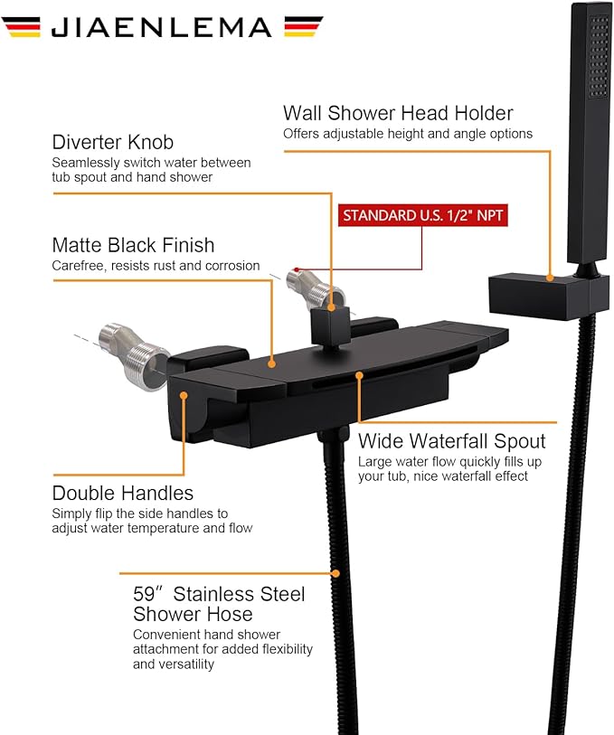 Wall Mount Tub Filler Matte Black Waterfall Tub Faucet with Sprayer, Brass Bathtub Wall Faucets with Hand Shower, High Flow Tub Spout, Bath Tub Faucet Set 2 Handles - JIAENLEMA