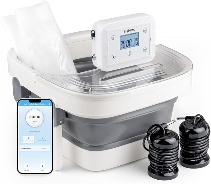 Bluetooth Ionic Foot Bath Detox Machine for Home Spa Use, with App Control, Foldable Soaking Tub, 2 Ion Arrays, 100 Basin Liners, Timer for Natural Body Detoxification