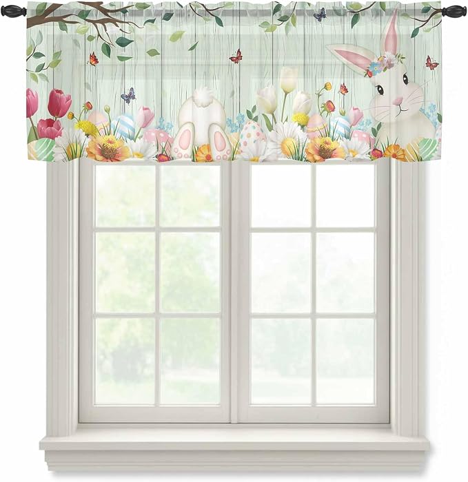 Easter Sheer Valances for Windows 54"x18", Light Filtering Kitchen Curtains by Unknown