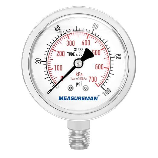 MEASUREMAN Pressure Gauge 1/4 NPT, 0-100psi/kPa Fully Stainless Steel Hydraulic by MEASUREMAN