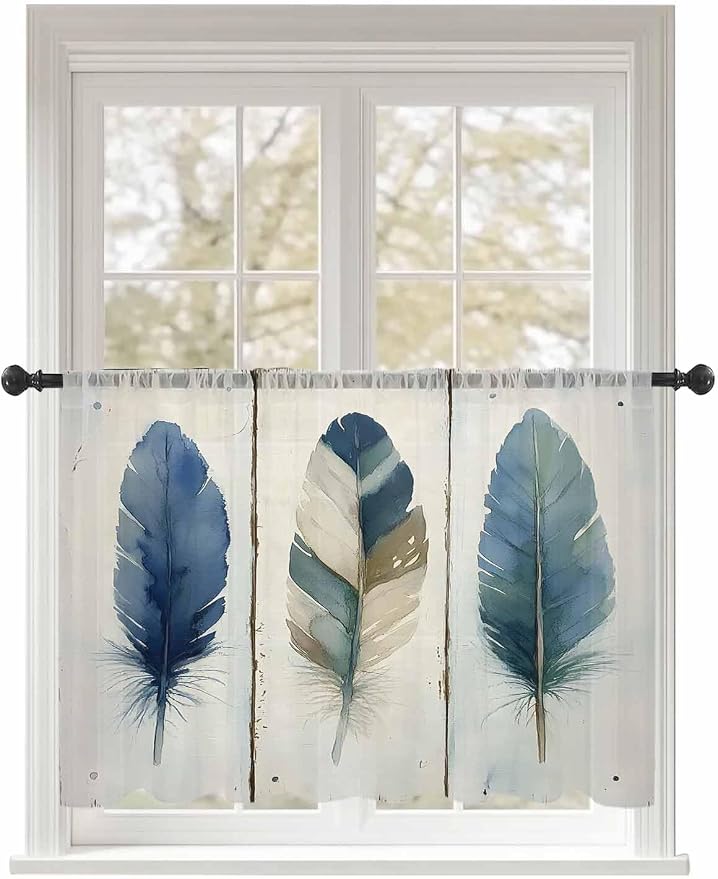 Sheer Curtains 54 Inch Length, Boho Blue Feathers Semi Sheer Curtains Light by Unknown