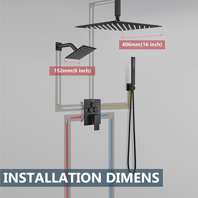 Aolemi Shower Faucet Set Ceiling Mount Shower System Rough-in Valve and Shower Trim Kit 16 and 6 Inch Dual Shower Head 2 in 1 Handheld Spray Push Button Diverter Matte Black