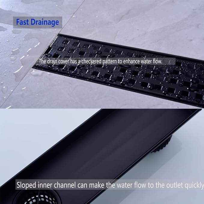 16 Inch Linear Bathroom Shower Rectangular Floor Drain,New Type with Removable Cover Grid Grate, Adjustable Leveling Feet Hair Strainer, SUS304 Stainless Steel,Black