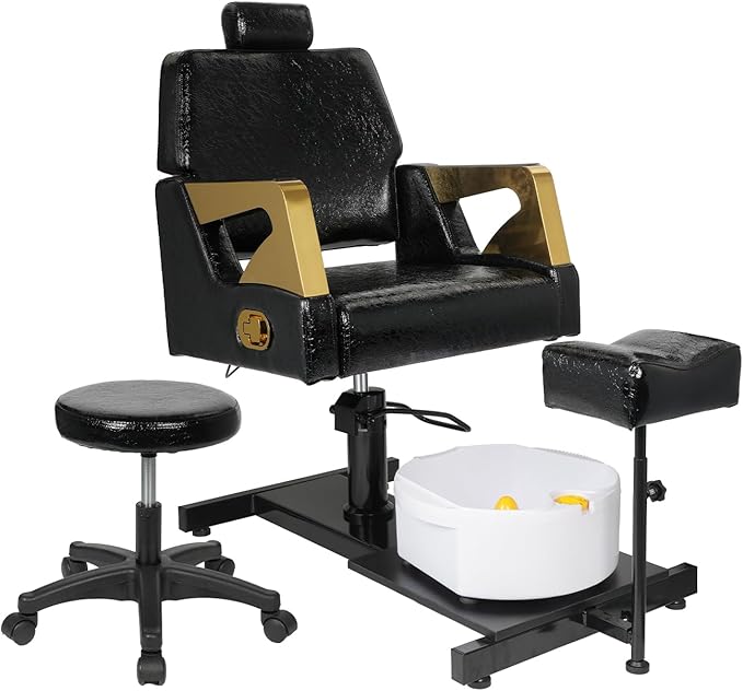 Pedicure Chair with Stool & Massage Foot Bath, 360° Swivel Pedicure Station Hydraulic Adjustable Height No Plumbing for Foot Spa Black