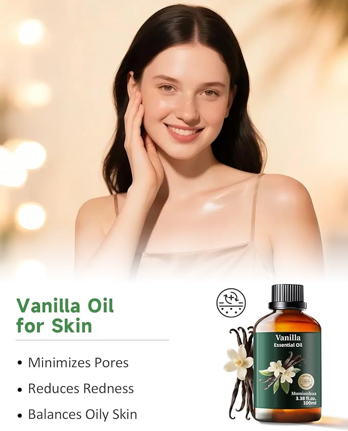 Vanilla Essential Oil Pure, Mumianhua Natural Vanilla Bean Oil for Diffuser, Aromatherapy, Skin, Perfume,Candle, Soap Making,DIY 3.38 Fl Oz