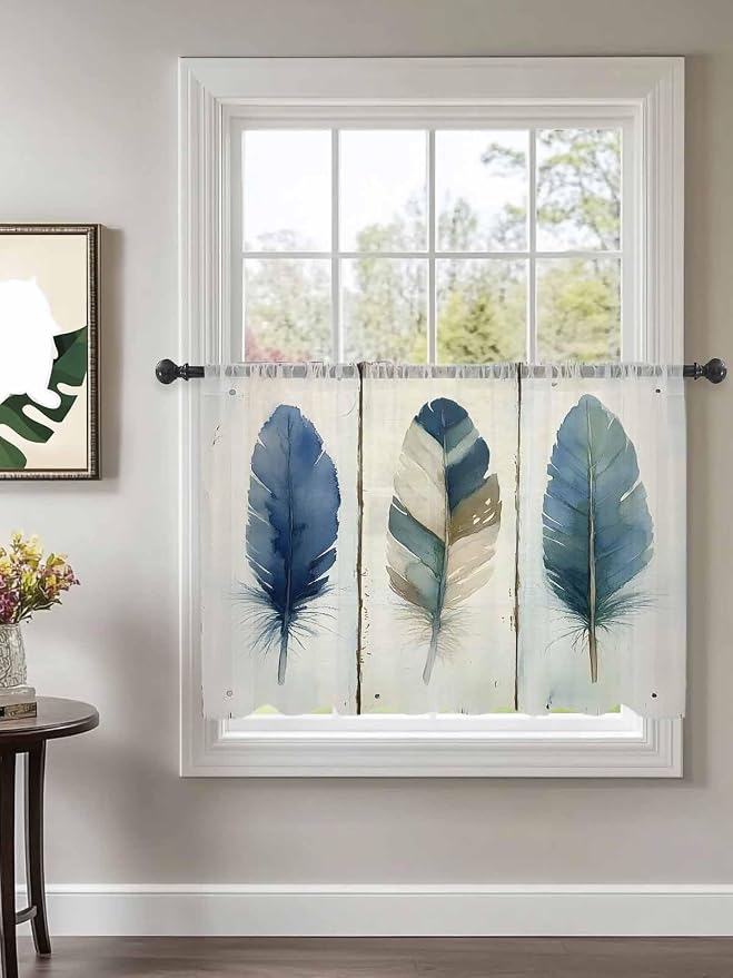 Sheer Curtains 54 Inch Length, Boho Blue Feathers Semi Sheer Curtains Light - Image 2