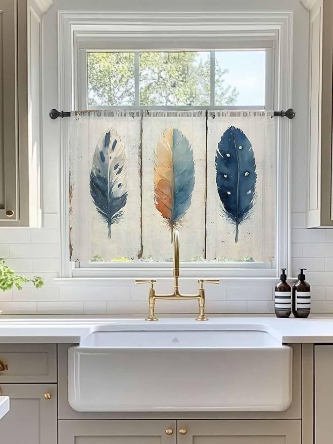 Sheer Curtains 45 Inch Length, Boho Ombre Vintage Wooden Grain Privacy Voile - Image 3