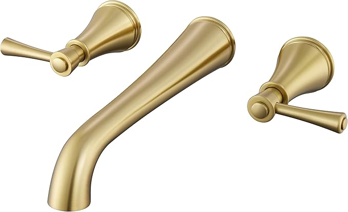 SITGES High Flow Brushed Gold Wall Mount Bathtub Faucet with Two Level Handles,Extra-Long 10.5" Spout Reach Solid Brass Wall Tub Filler with Rough-in Valve Included