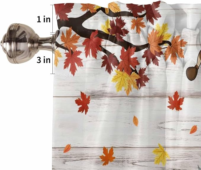 Fall Gnomes Kitchen Curtain Set, Thanksgiving Maple Leaf Grey Wood Grain Window - Image 5