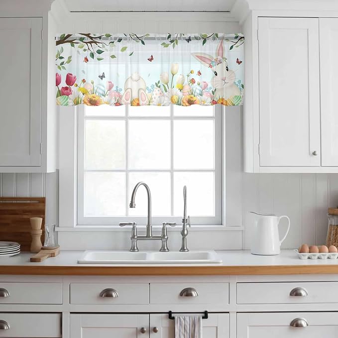 Easter Sheer Valances for Windows 54"x18", Light Filtering Kitchen Curtains - Image 3