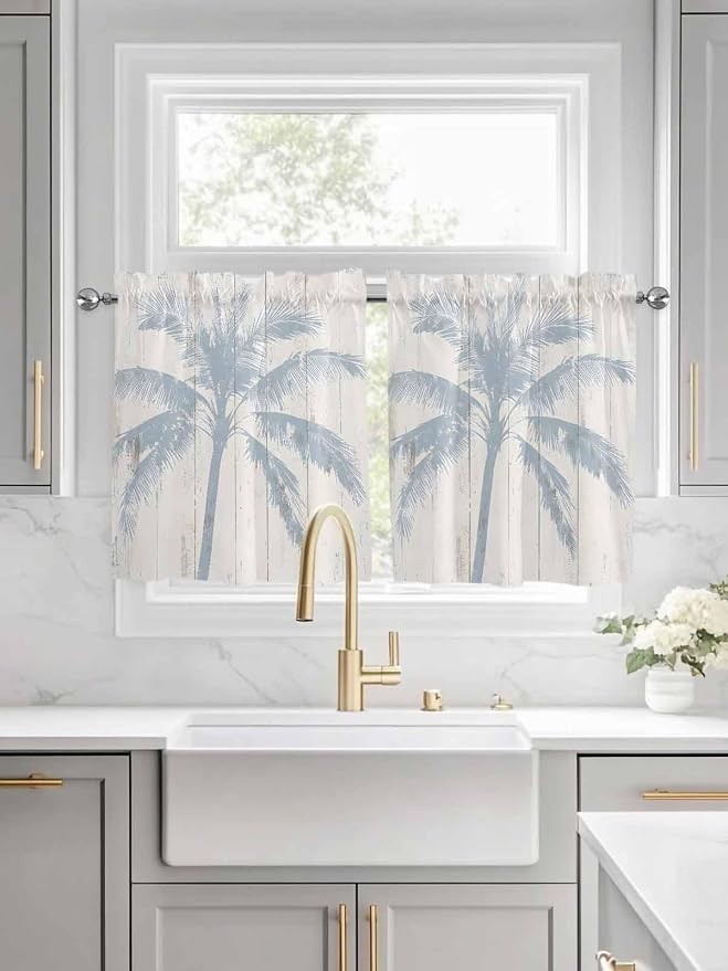 Summer Coconut Tree on Vintage Wood Grain Window Valance Curtains, Seaside by IDOWMAT