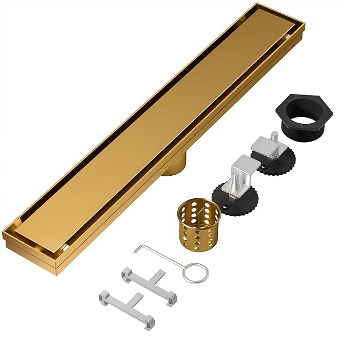 Linear Shower Drain, 304 Stainless Steel with Adjustable Leveling Feet, Hair Strainer,Reversely Install Place to Create an Invisible Floor Drain - Gold -12-Inch