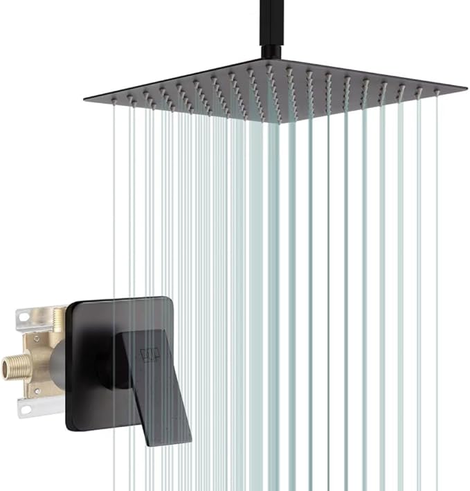 POP SANITARYWARE Matte Black Shower Faucet Set, Bathroom Rainfall Shower System with Stainless Steel Metal Showerhead, Single Function Shower Trim Kit with Rough-in Valve