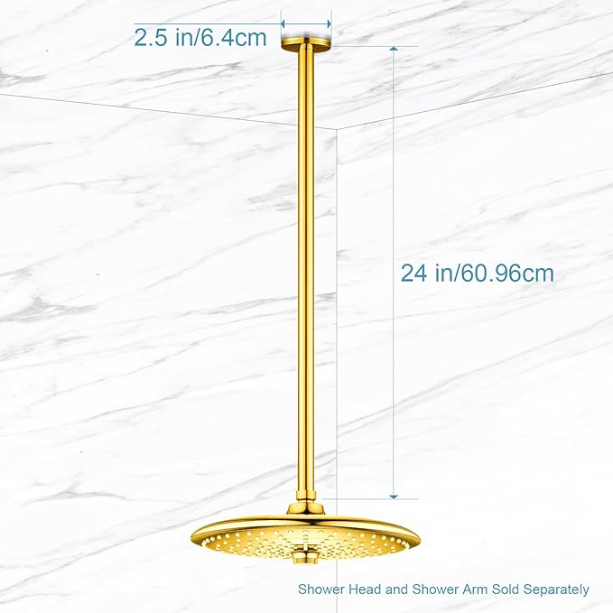 OFFO Shower Arm with Flange, Bright Gold 24 in Ceiling Mount Replacement Rain Shower Head Straight Arm Ceiling-Mounted For Fixed Shower Head & High Pressure Rain