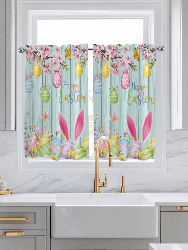 Happy Easter Kitchen Curtains 54 Inches Length, Spring Bunny Eggs Flower Teal - Image 3