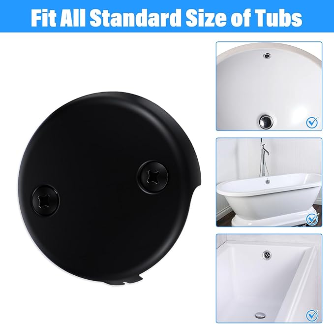 Tub Drain Overflow Covers, 3-1/8" Two Hole Bathtub Drain Overflow Cover with Screws, Fits Most Standard Bath Tub Drains(Matte Black)