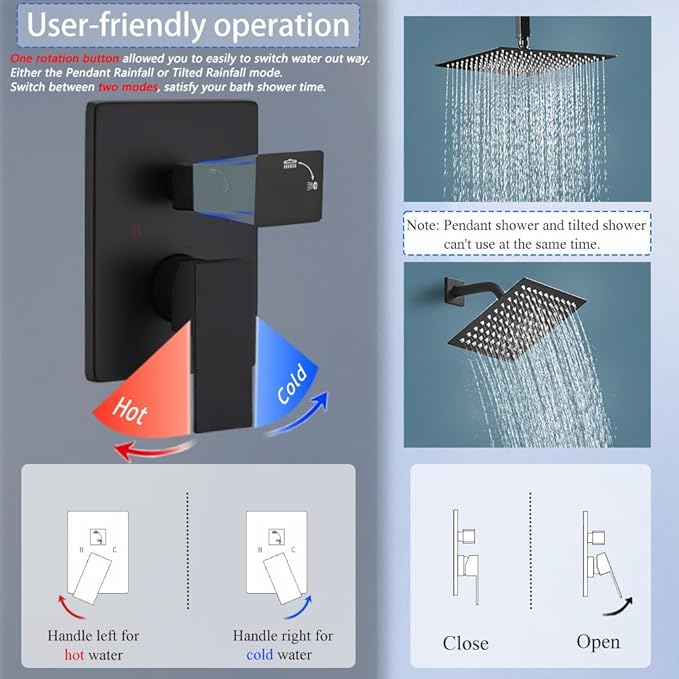 Shower Faucet Set Matte Black Shower System, Ceiling Mount 10 Inch Shower Head with 6 Inch Wall Mount Shower Head, Knob Switch Diverter Shower Faucet, Rough-in Valve Body and Trim Included
