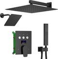 Temperature Display Shower Faucet Set Matte Black Shower System with 2 Rain Shower Head(12+8"), Handheld Shower and Multi-function Push Button Shower Faucet Trim Kit