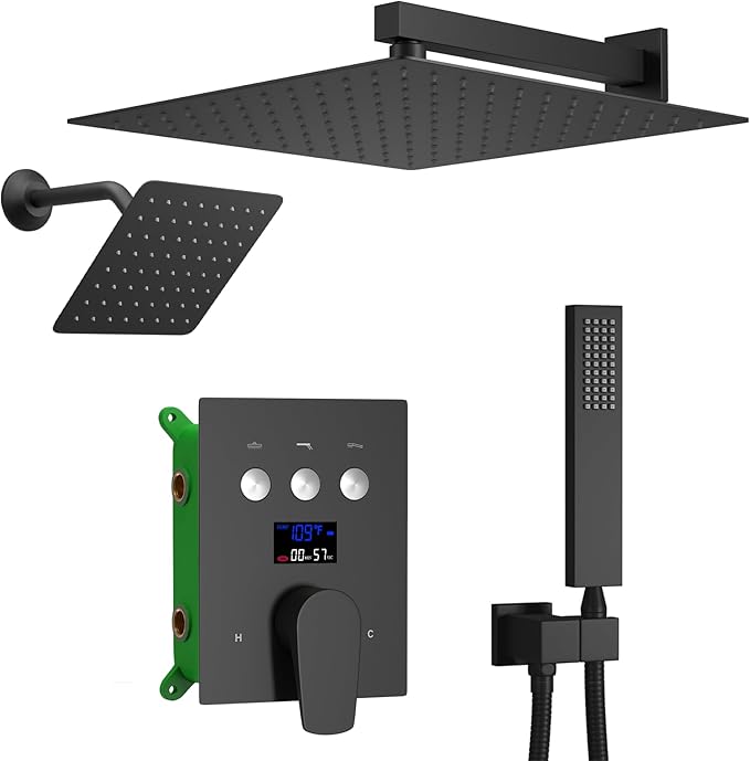 Temperature Display Shower Faucet Set Matte Black Shower System with 2 Rain Shower Head(12+8"), Handheld Shower and Multi-function Push Button Shower Faucet Trim Kit