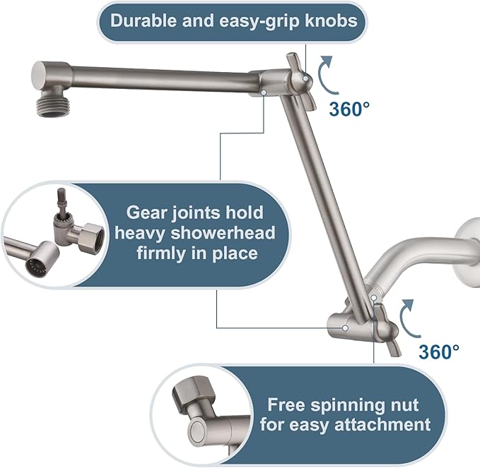 BRIGHT SHOWERS Brass Shower Arm Extender for Rain and Handheld Shower Head, 14 Inch Universal Shower Head Extension Arm, Adjustable Height & Angle, Brushed Nickel