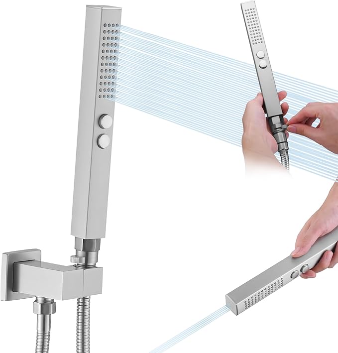 All-Metal High Pressure Square Handheld Shower Head with Jet Spray and Rainfall Modes, Volume Control Regulator, ON/OFF Switch, Hose and Wall Mounted Adjustable Bracket,Brushed Nickel Color