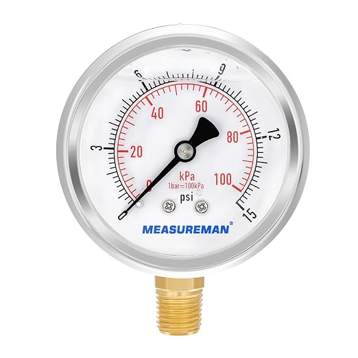 MEASUREMAN 2-1/2inch Dial Size, Glycerin Filled Pressure Gauge, 0-15psi/100kpa by MEASUREMAN