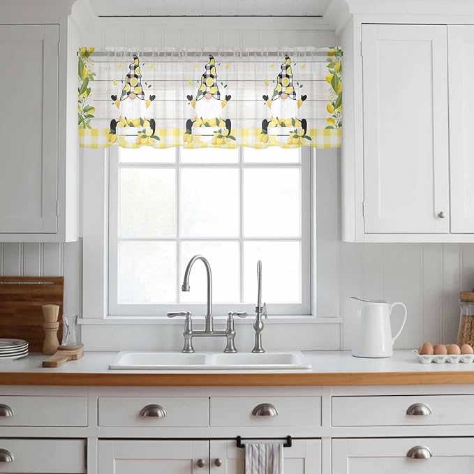 Lemon Dwarfs Sheer Valance Curtains, Gnome Green Leaf Wood Striped Black Plaid - Image 2