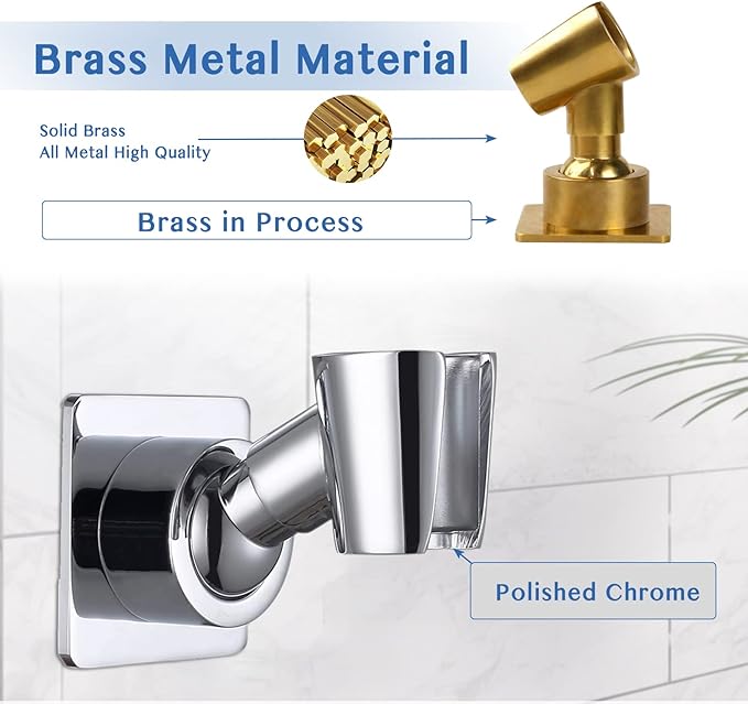 YDmeet Shower Head Holder, Adjustable Handheld Brass Shower Head Bracket, Wall Mount Holder, Drill Free Glue Installation (Polished Chrome)
