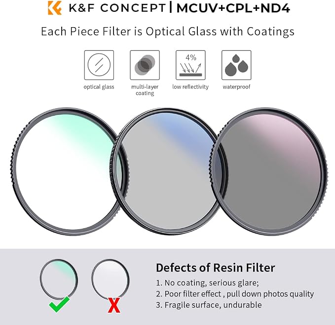 K&F Concept 55mm UV/CPL/ND Lens Filter Kit-18 Multi-Layer Coatings, UV Filter + - Image 2