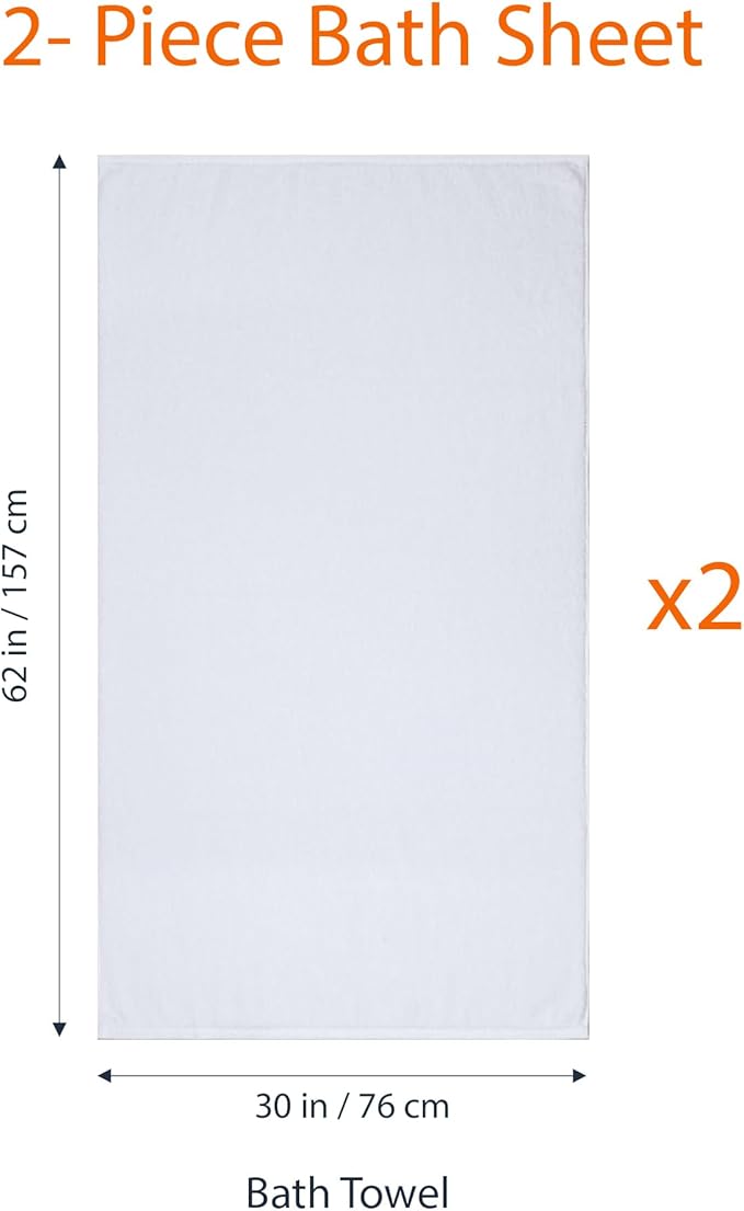 Amazon Basics 2 Piece Quick-Dry Oversize Bath Towel, 100% Cotton, White, 62" x 30"