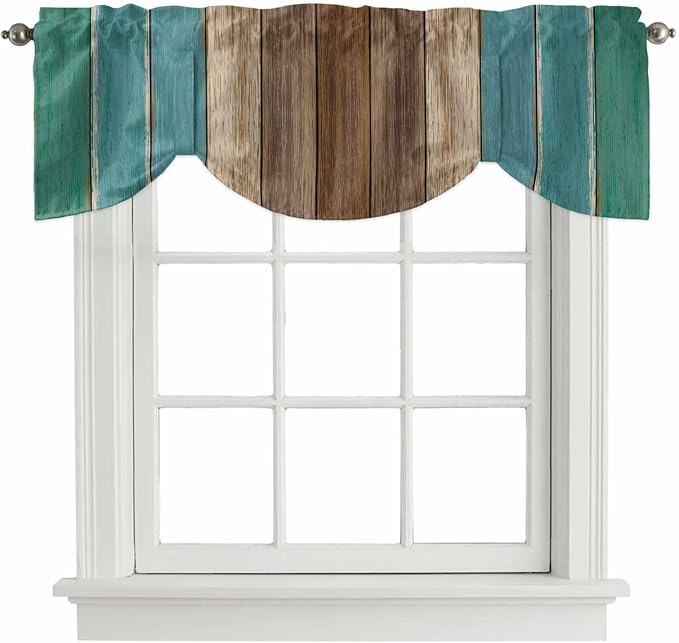 Teal Blue Brown Tie Up Valance Curtains by Unknown