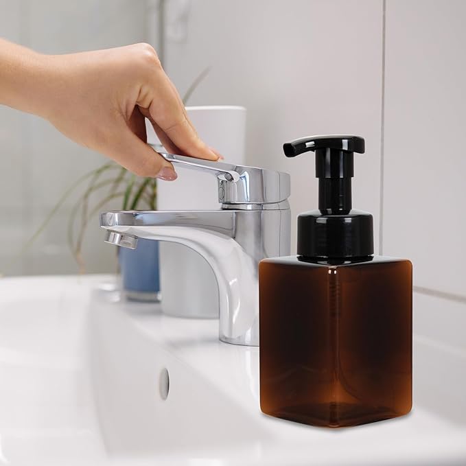 Ginger Lily Farms Foaming Soap Dispenser, Refillable Plastic Pump Bottles for Liquid Hand Soap, 12 oz. Amber Bottle with Black Pump, 2-Pack