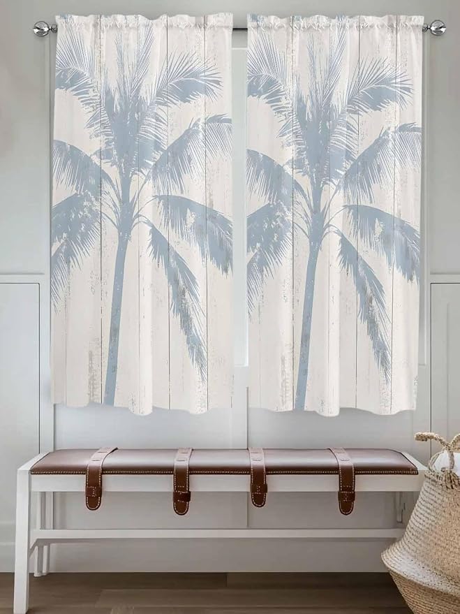 Summer Coconut Tree on Vintage Wood Grain Window Valance Curtains, Seaside - Image 2