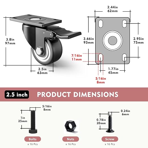 Caster Wheels, 2.5 Inch Heavy Duty Casters Set of 4 - Image 2
