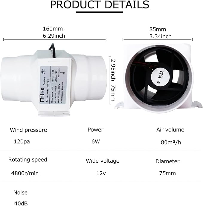 3”Inline Air Vent Pet Fan 6W Greenhouse Ventilation Equipment 12V Indoor Intake - Image 2