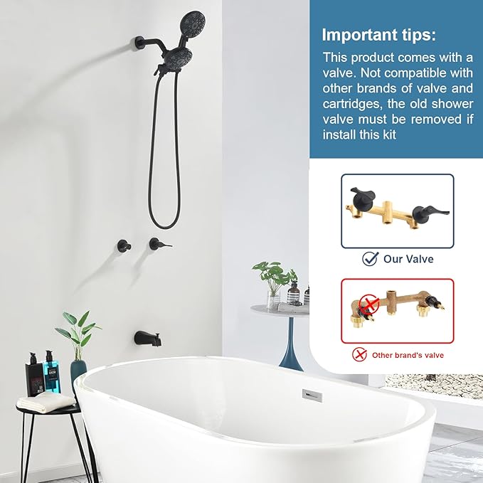 2 Handle Shower Faucet Set with Tub Spout and Shower Head Combo, Matte Black, Wall Mounted, 2 Handles, Brass, Complete Bathtub Shower Trim Kit