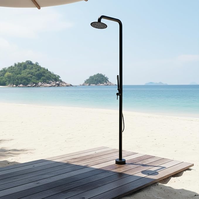 2-Function Poolside Portable Power Shower Floor Mounted Freestanding Black Poolside Shower with Handheld Sprayer for Backyard Garden/Pool/Beach Courtyard