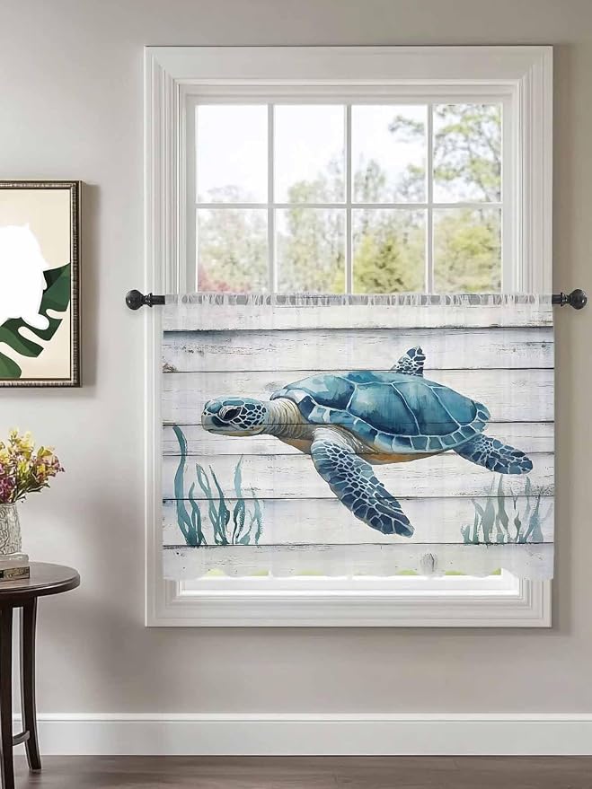 Sheer Curtains 45 Inch Length, Sea Turtle Blue Semi Sheer Curtains Light - Image 2